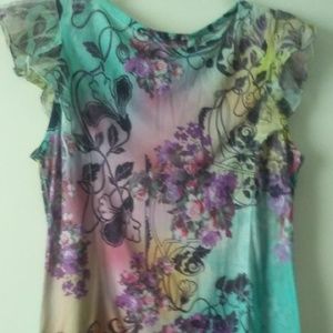 Romantic Top Floral Blouse Turquoise Lg Casual Freedom Short Sleeve Tunic Long